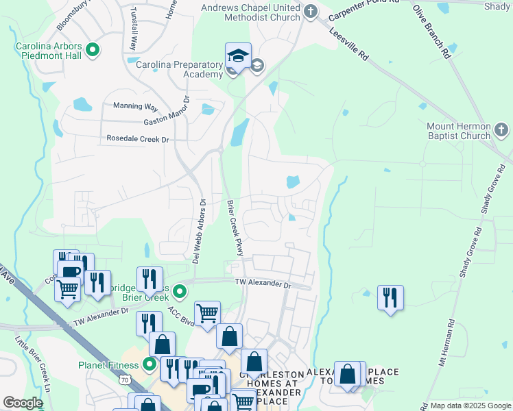 map of restaurants, bars, coffee shops, grocery stores, and more near 122 Shale Creek Drive in Durham