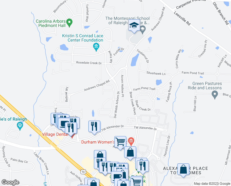 map of restaurants, bars, coffee shops, grocery stores, and more near 213 Brier Crossings Loop in Durham