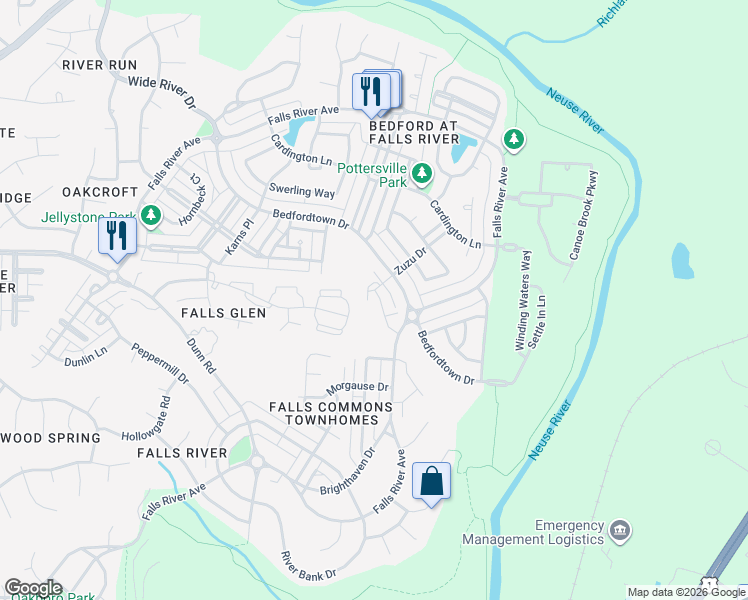map of restaurants, bars, coffee shops, grocery stores, and more near 11419 Shadow Elms Lane in Raleigh