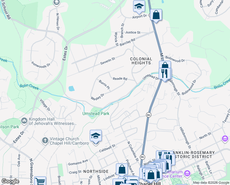 map of restaurants, bars, coffee shops, grocery stores, and more near 315 Wesley Dr in Chapel Hill