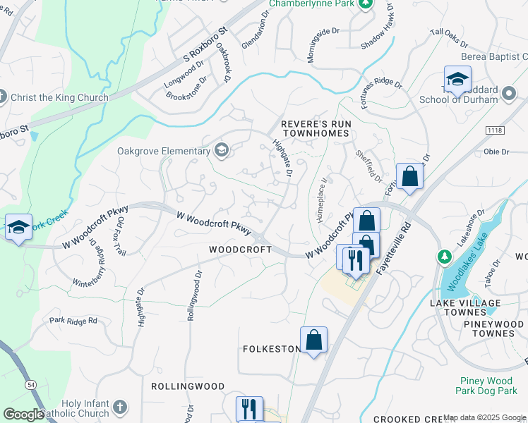 map of restaurants, bars, coffee shops, grocery stores, and more near 6 Weathergreen Court in Durham