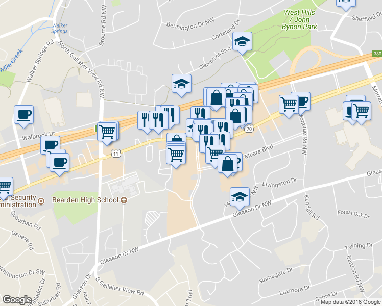 map of restaurants, bars, coffee shops, grocery stores, and more near 1801 Downtown W Blvd in Knoxville