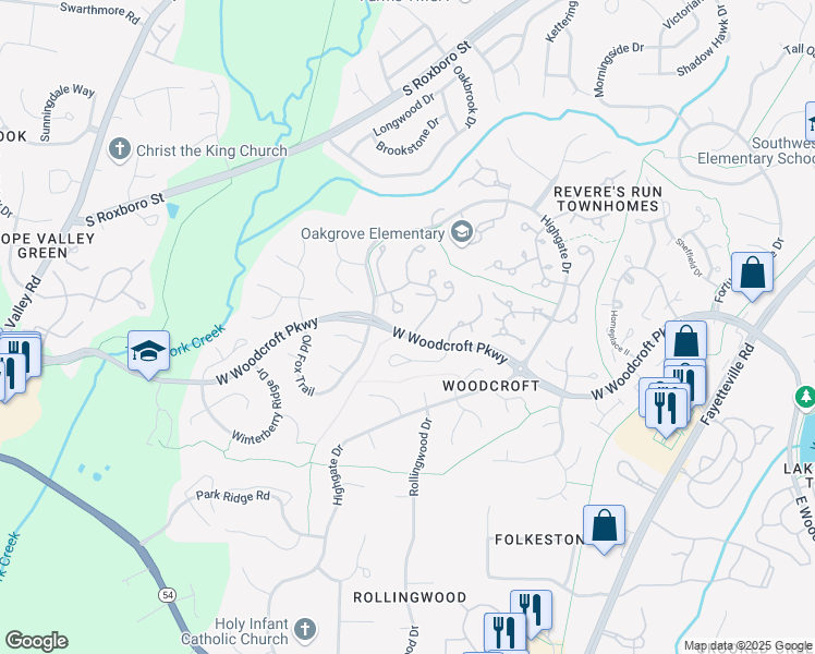 map of restaurants, bars, coffee shops, grocery stores, and more near 101 Weathersfield Drive in Durham
