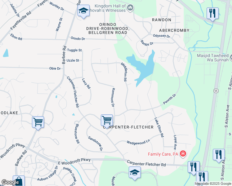 map of restaurants, bars, coffee shops, grocery stores, and more near 5505 Kemmont Drive in Durham