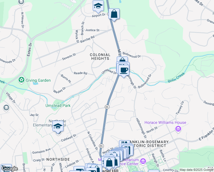 map of restaurants, bars, coffee shops, grocery stores, and more near 205 Sunrise Lane in Chapel Hill