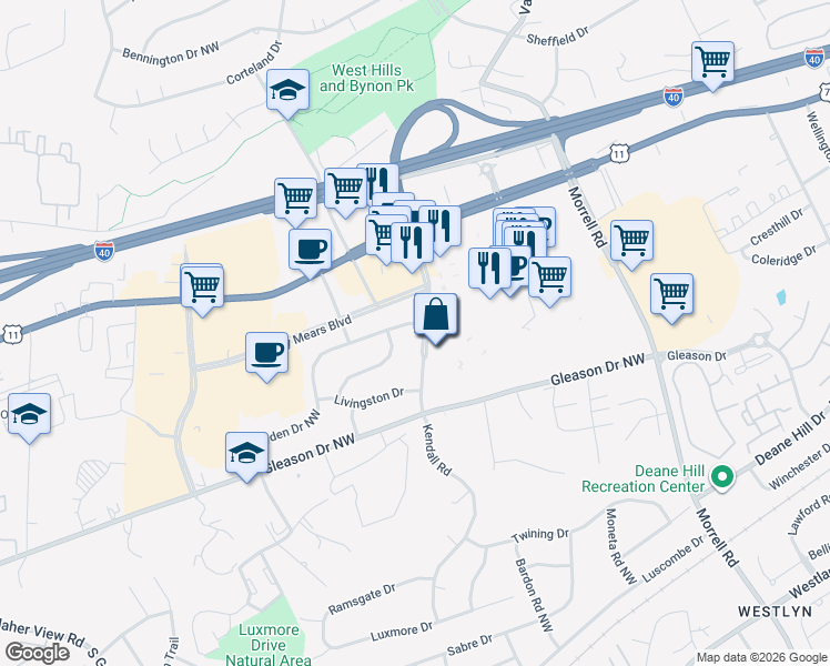 map of restaurants, bars, coffee shops, grocery stores, and more near 7900 Hayden Drive Northwest in Knoxville