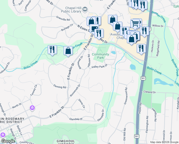 map of restaurants, bars, coffee shops, grocery stores, and more near 1112 Valley Park Drive in Chapel Hill
