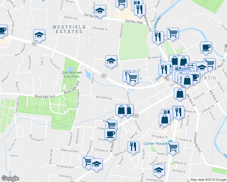 map of restaurants, bars, coffee shops, grocery stores, and more near 112 Cottage Lane in Franklin