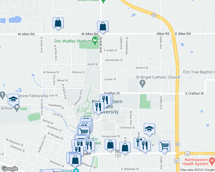 map of restaurants, bars, coffee shops, grocery stores, and more near 921 Callie Avenue in Tahlequah