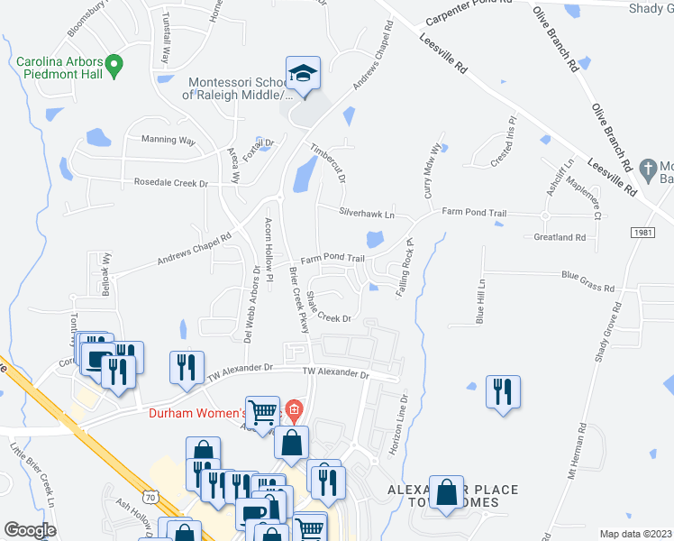 map of restaurants, bars, coffee shops, grocery stores, and more near 110 Shale Creek Drive in Durham