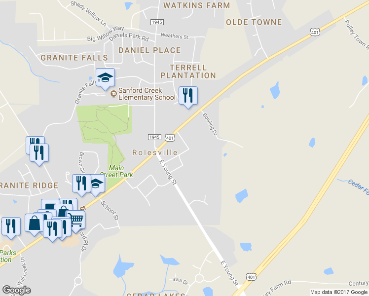 map of restaurants, bars, coffee shops, grocery stores, and more near 211 Pulley Street in Rolesville