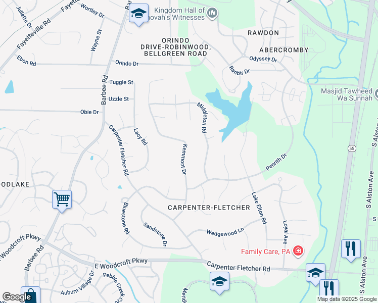 map of restaurants, bars, coffee shops, grocery stores, and more near 5505 Kemmont Drive in Durham