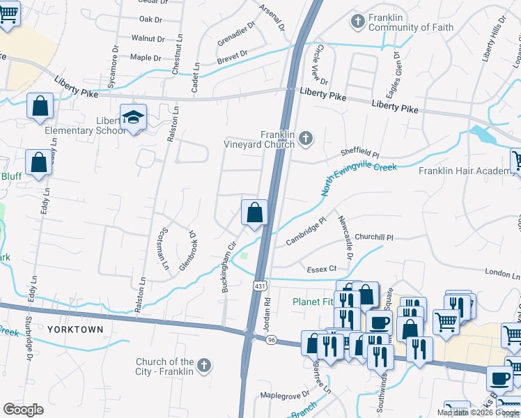 map of restaurants, bars, coffee shops, grocery stores, and more near 1212 Buckingham Circle in Franklin
