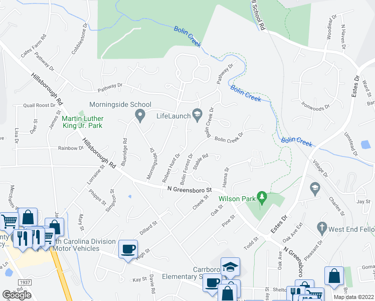 map of restaurants, bars, coffee shops, grocery stores, and more near 300 Robert Hunt Drive in Carrboro