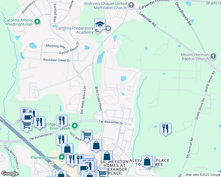map of restaurants, bars, coffee shops, grocery stores, and more near 122 Shale Creek Drive in Durham