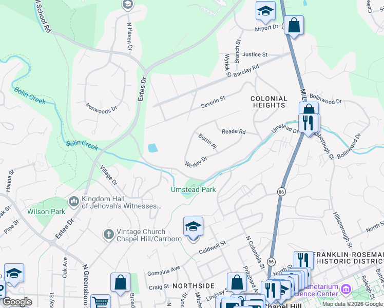 map of restaurants, bars, coffee shops, grocery stores, and more near 346 Wesley Drive in Chapel Hill