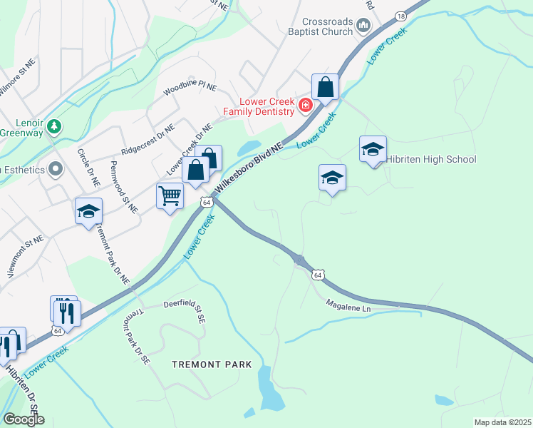 map of restaurants, bars, coffee shops, grocery stores, and more near 1055 Cedar Hills Court Southeast in Lenoir