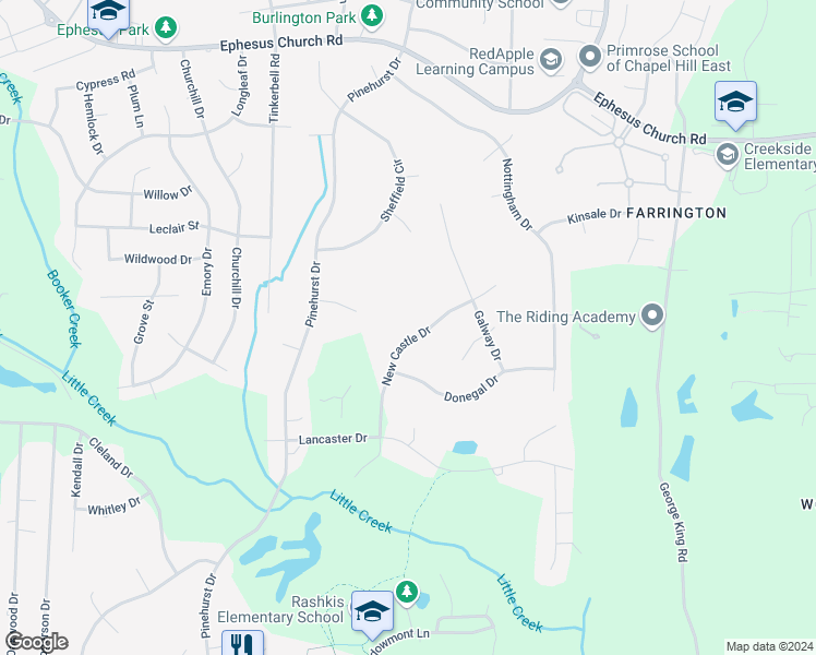 map of restaurants, bars, coffee shops, grocery stores, and more near 125 New Castle Drive in Chapel Hill