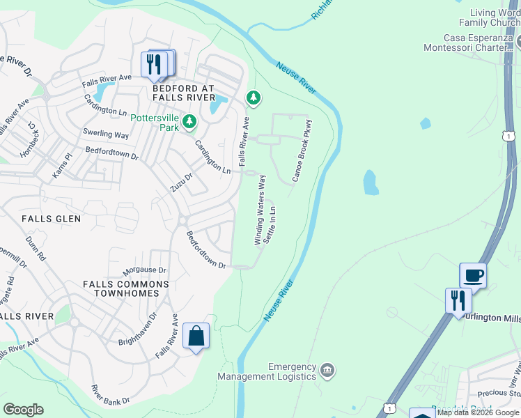 map of restaurants, bars, coffee shops, grocery stores, and more near 3047 Winding Water Way in Raleigh
