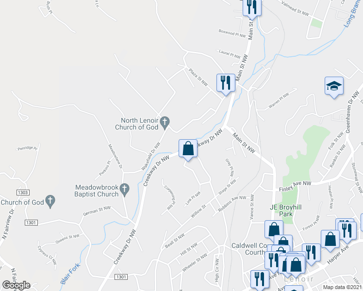 map of restaurants, bars, coffee shops, grocery stores, and more near 835 Creekway Drive Northwest in Lenoir