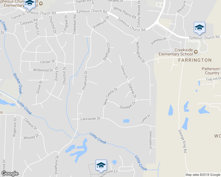 map of restaurants, bars, coffee shops, grocery stores, and more near 125 New Castle Drive in Chapel Hill
