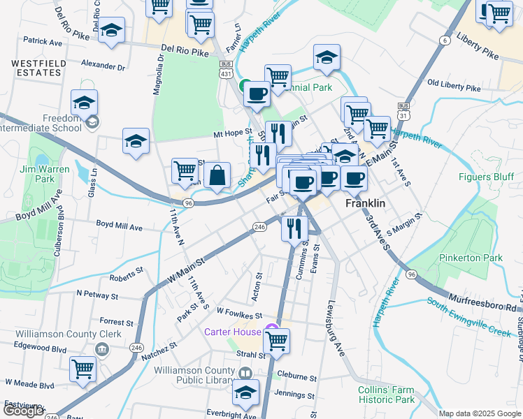 map of restaurants, bars, coffee shops, grocery stores, and more near 711 Fair Street in Franklin