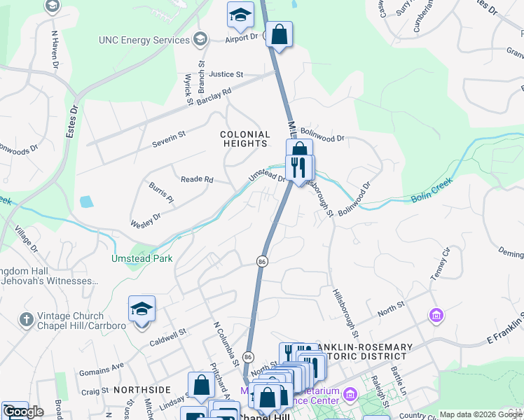 map of restaurants, bars, coffee shops, grocery stores, and more near 205 Sunrise Lane in Chapel Hill