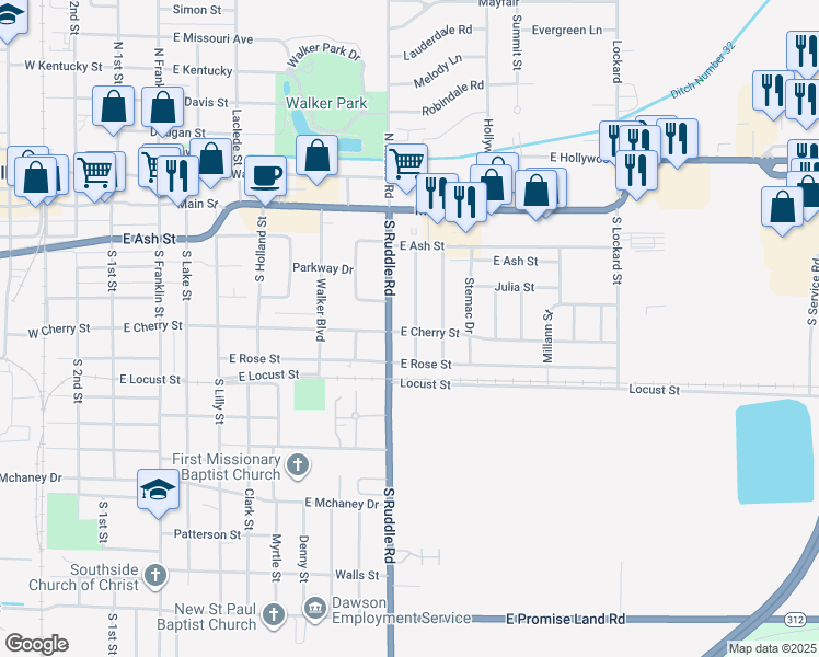 map of restaurants, bars, coffee shops, grocery stores, and more near 324 Lakewood Street in Blytheville
