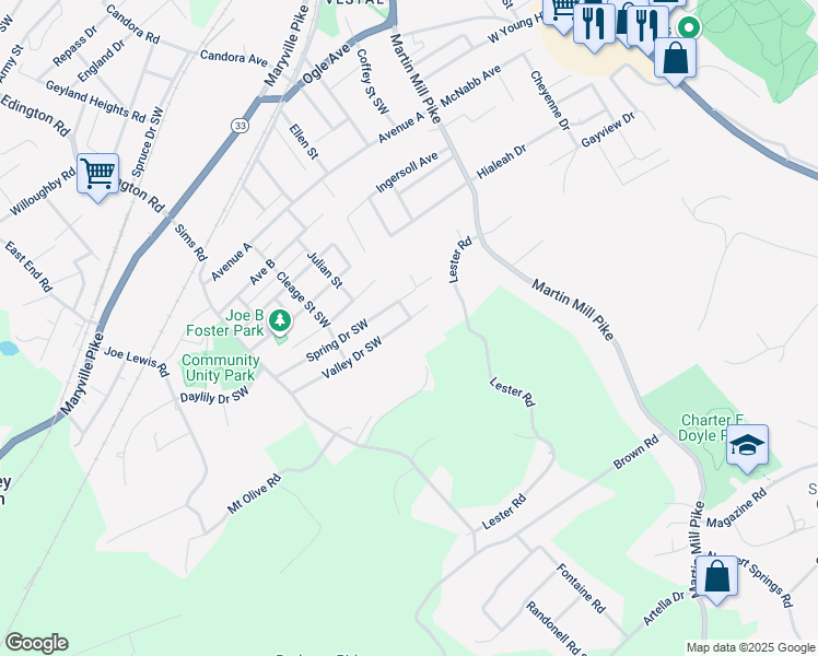 map of restaurants, bars, coffee shops, grocery stores, and more near 904 Valley Drive Southwest in Knoxville