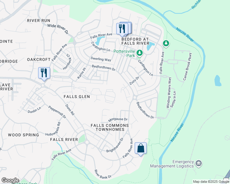 map of restaurants, bars, coffee shops, grocery stores, and more near 2205 Banks Hill Row Road in Raleigh