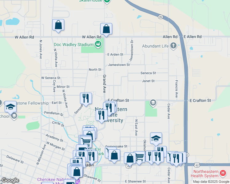 map of restaurants, bars, coffee shops, grocery stores, and more near 908 Callie Avenue in Tahlequah