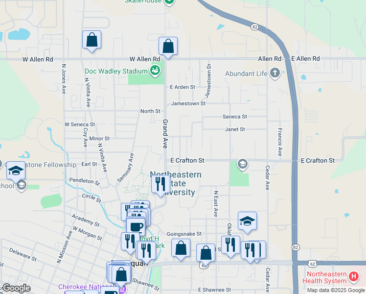 map of restaurants, bars, coffee shops, grocery stores, and more near 908 Callie Avenue in Tahlequah