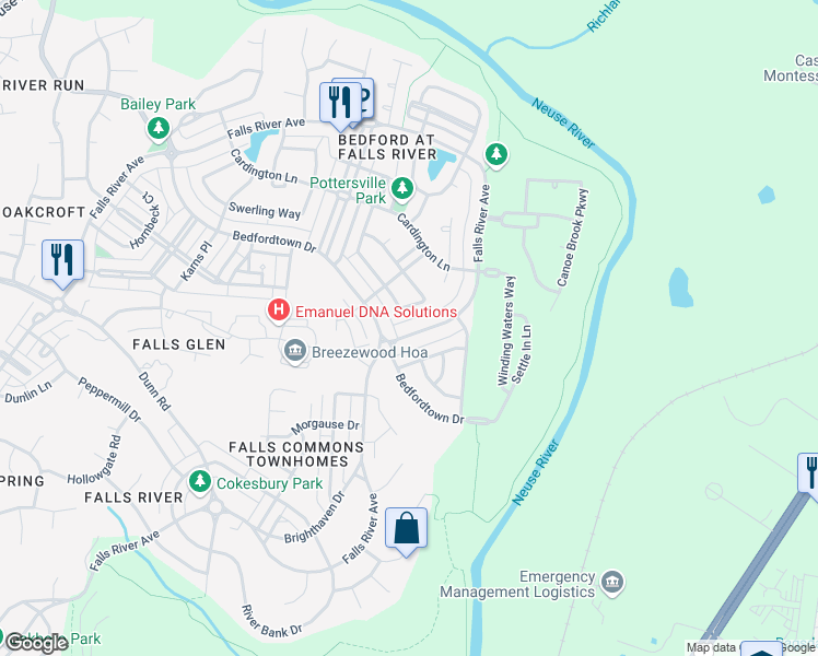map of restaurants, bars, coffee shops, grocery stores, and more near 3013 Falls River Avenue in Raleigh