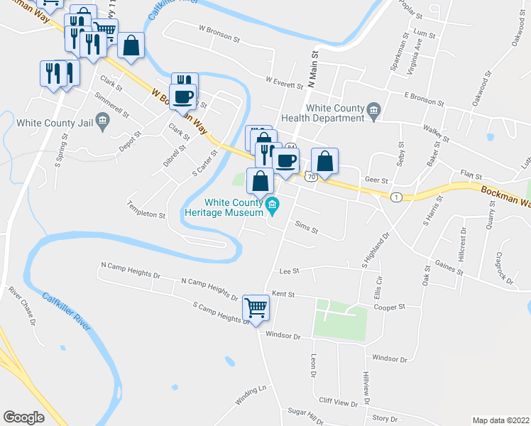 map of restaurants, bars, coffee shops, grocery stores, and more near 145 South Main Street in Sparta