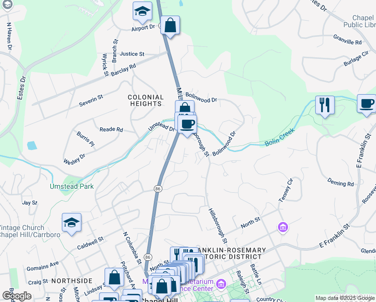 map of restaurants, bars, coffee shops, grocery stores, and more near 16 Bolin Heights in Chapel Hill