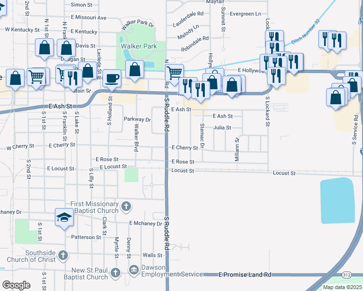 map of restaurants, bars, coffee shops, grocery stores, and more near 324 Lakewood Street in Blytheville