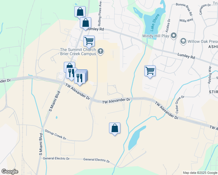 map of restaurants, bars, coffee shops, grocery stores, and more near 1206 TW Alexander Drive in Durham