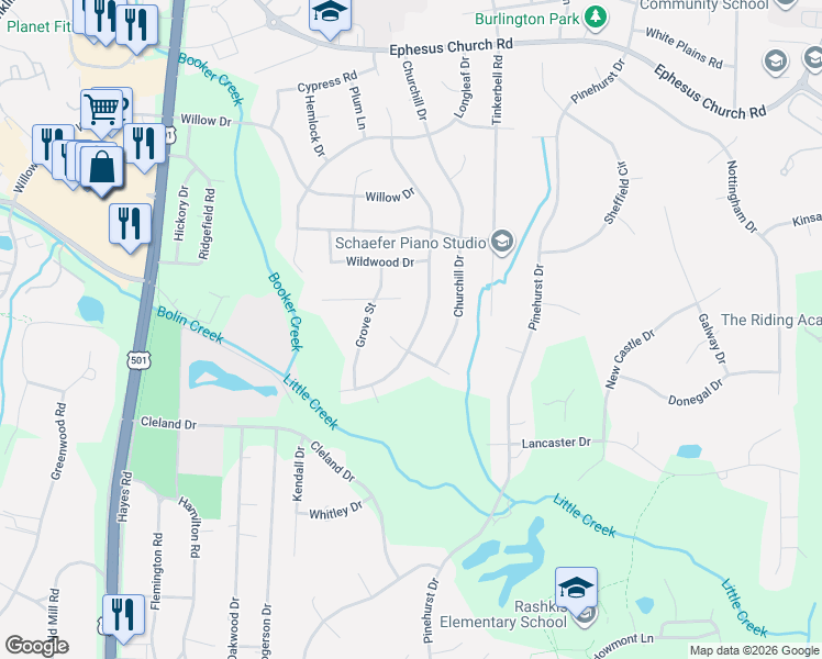 map of restaurants, bars, coffee shops, grocery stores, and more near 821 Emory Drive in Chapel Hill