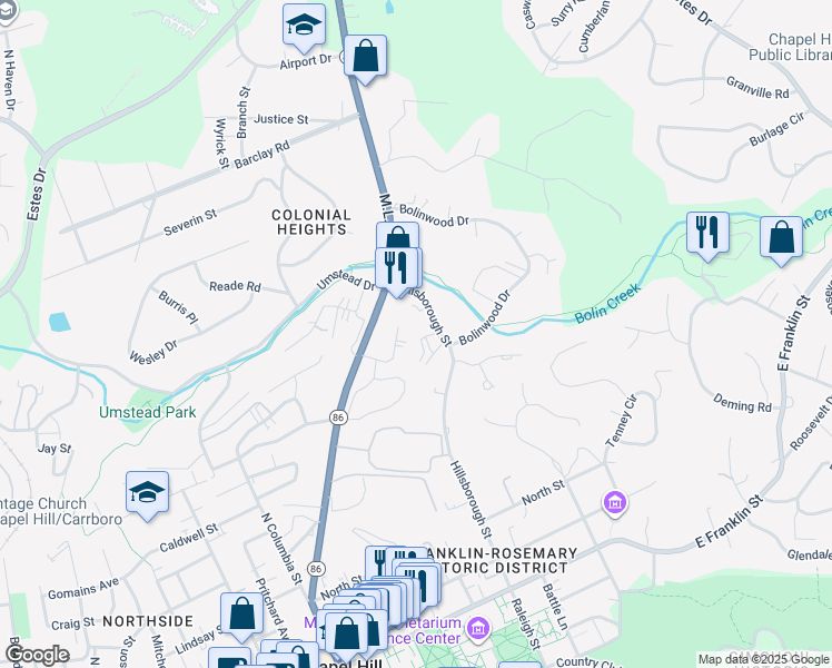 map of restaurants, bars, coffee shops, grocery stores, and more near 609 Hillsborough Street in Chapel Hill