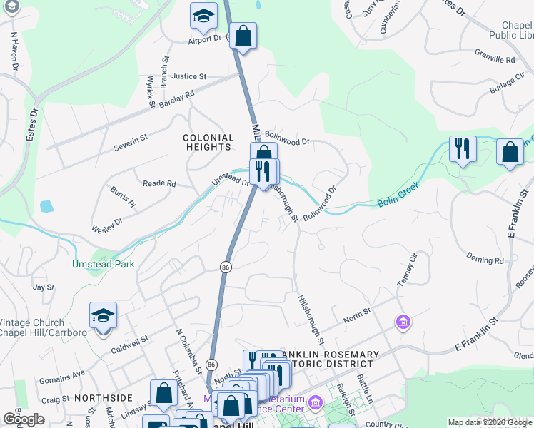 map of restaurants, bars, coffee shops, grocery stores, and more near 609 Hillsborough Street in Chapel Hill
