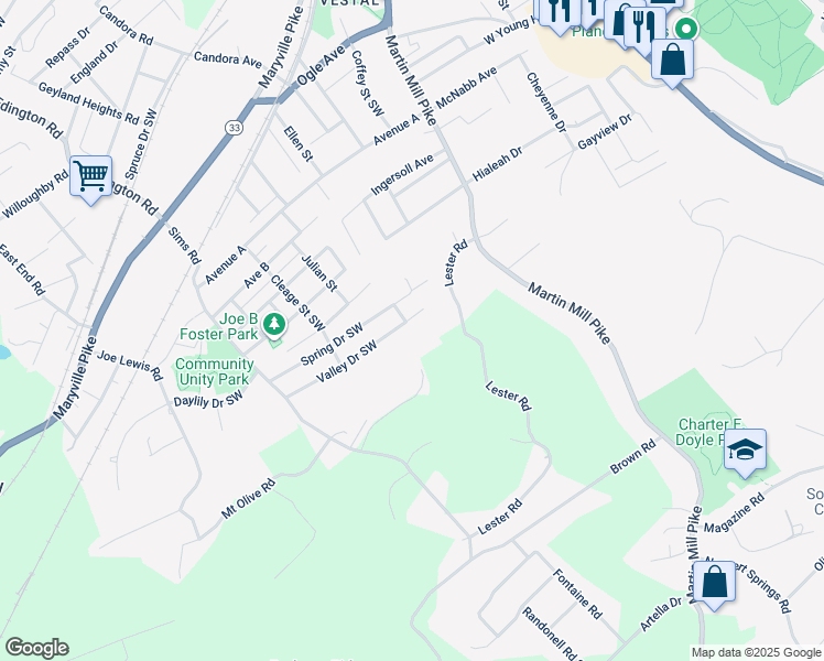 map of restaurants, bars, coffee shops, grocery stores, and more near 904 Valley Drive Southwest in Knoxville