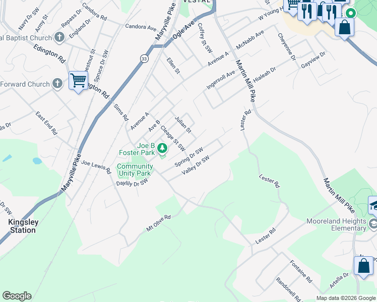 map of restaurants, bars, coffee shops, grocery stores, and more near 1001 Drive East in Knoxville