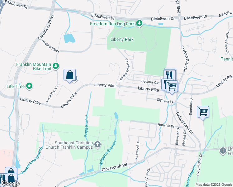 map of restaurants, bars, coffee shops, grocery stores, and more near 1805 Turning Wheel Lane in Franklin