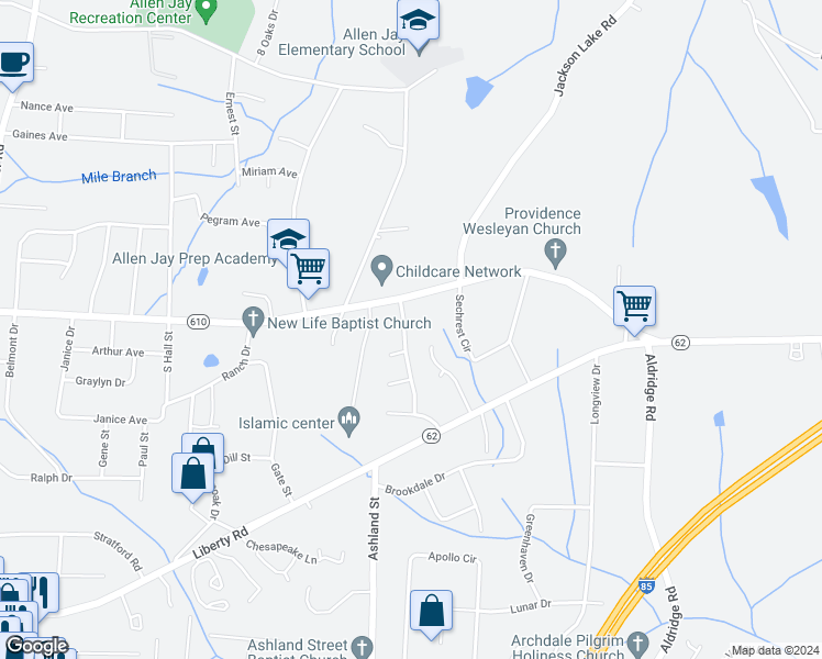 map of restaurants, bars, coffee shops, grocery stores, and more near 3609 Southpark Drive in High Point