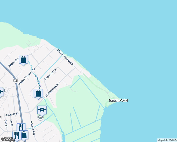 map of restaurants, bars, coffee shops, grocery stores, and more near 301 Mother Vineyard Road in Manteo