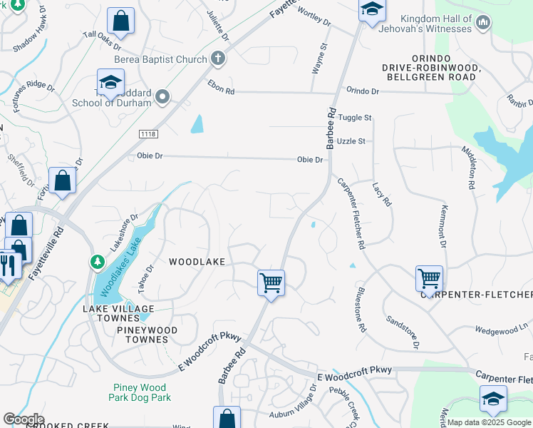 map of restaurants, bars, coffee shops, grocery stores, and more near 5510 Grand Mesa Drive in Durham