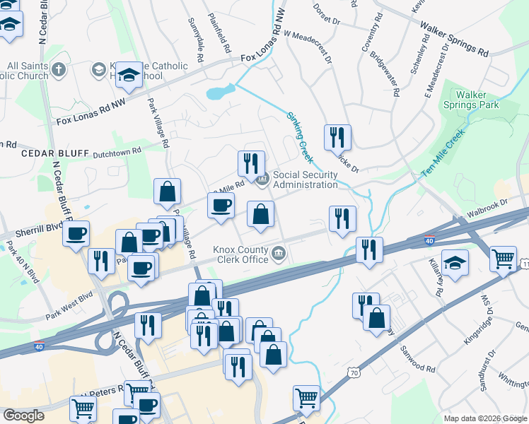 map of restaurants, bars, coffee shops, grocery stores, and more near 9032 Cross Park Drive in Knoxville