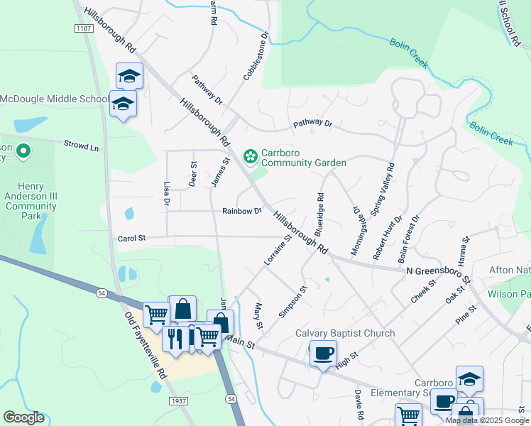map of restaurants, bars, coffee shops, grocery stores, and more near 101 Rainbow Drive in Carrboro