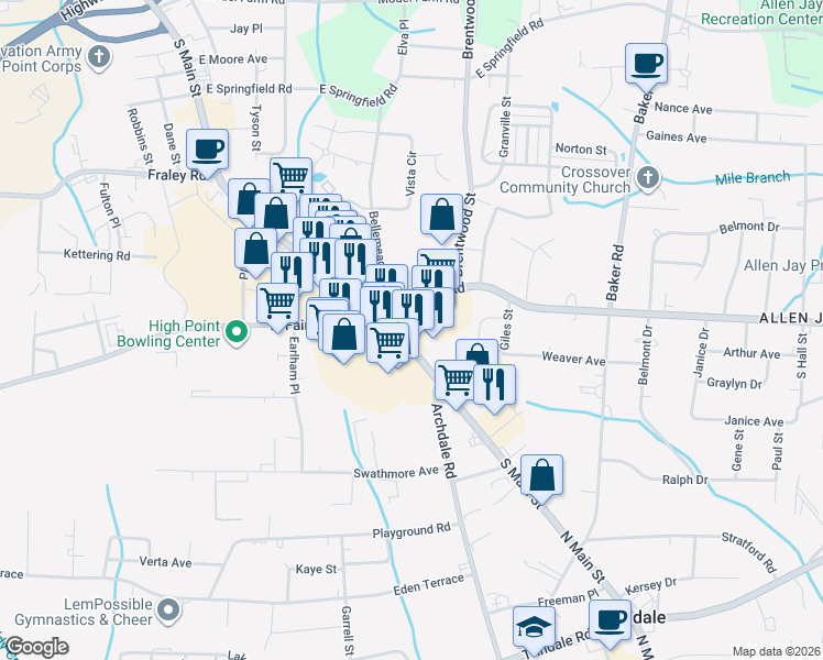 map of restaurants, bars, coffee shops, grocery stores, and more near 110 East Fairfield Road in High Point