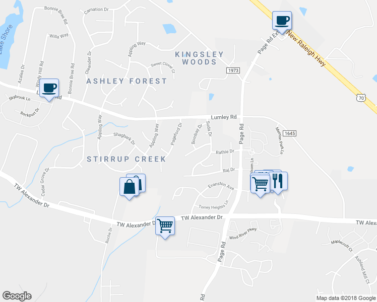 map of restaurants, bars, coffee shops, grocery stores, and more near 1709 Shiva Court in Durham